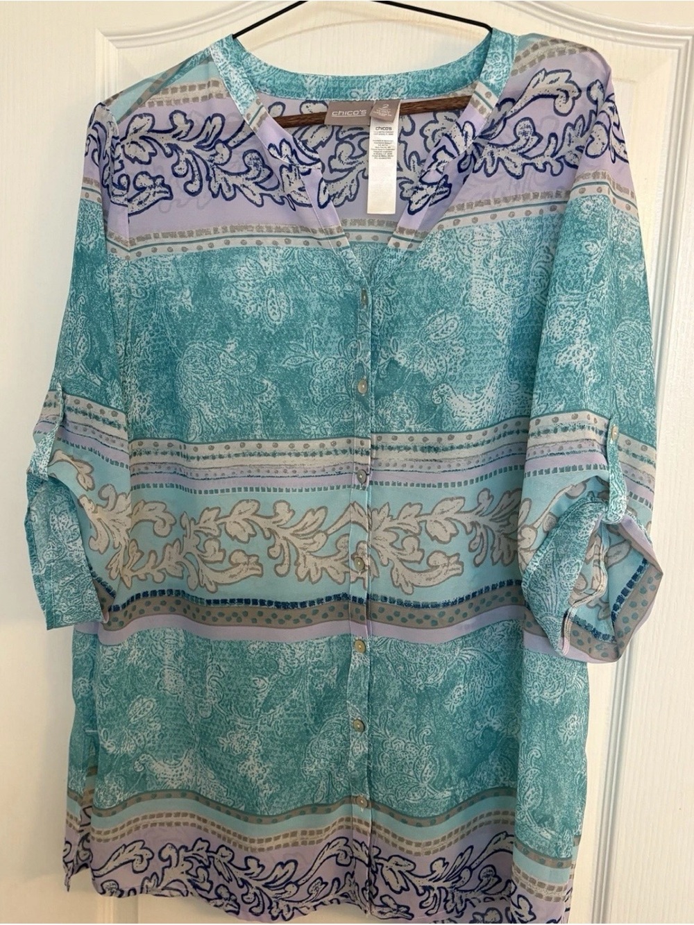 Chico's Abstract Paisley Split-Neck Tunic Blouse Teal Purple Roll Tab Size 2 / L